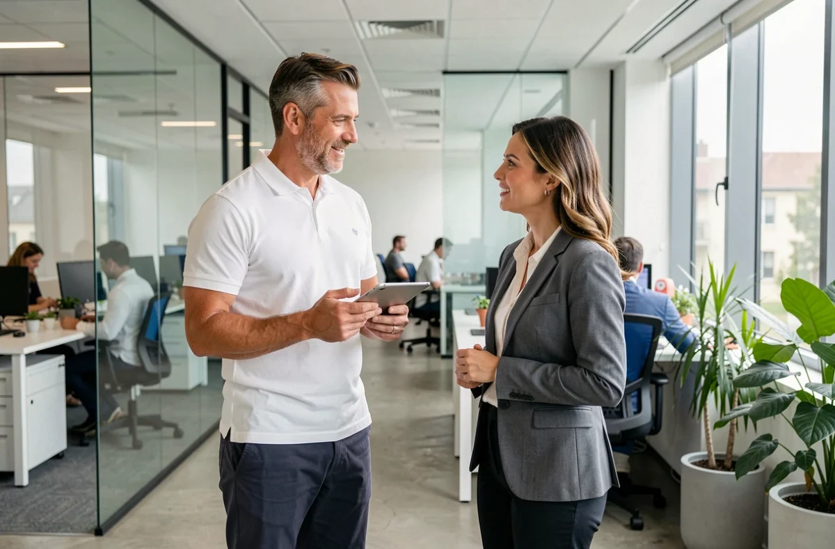 Consultant en portage salarial échangeant avec une collègue dans un espace de coworking moderne
