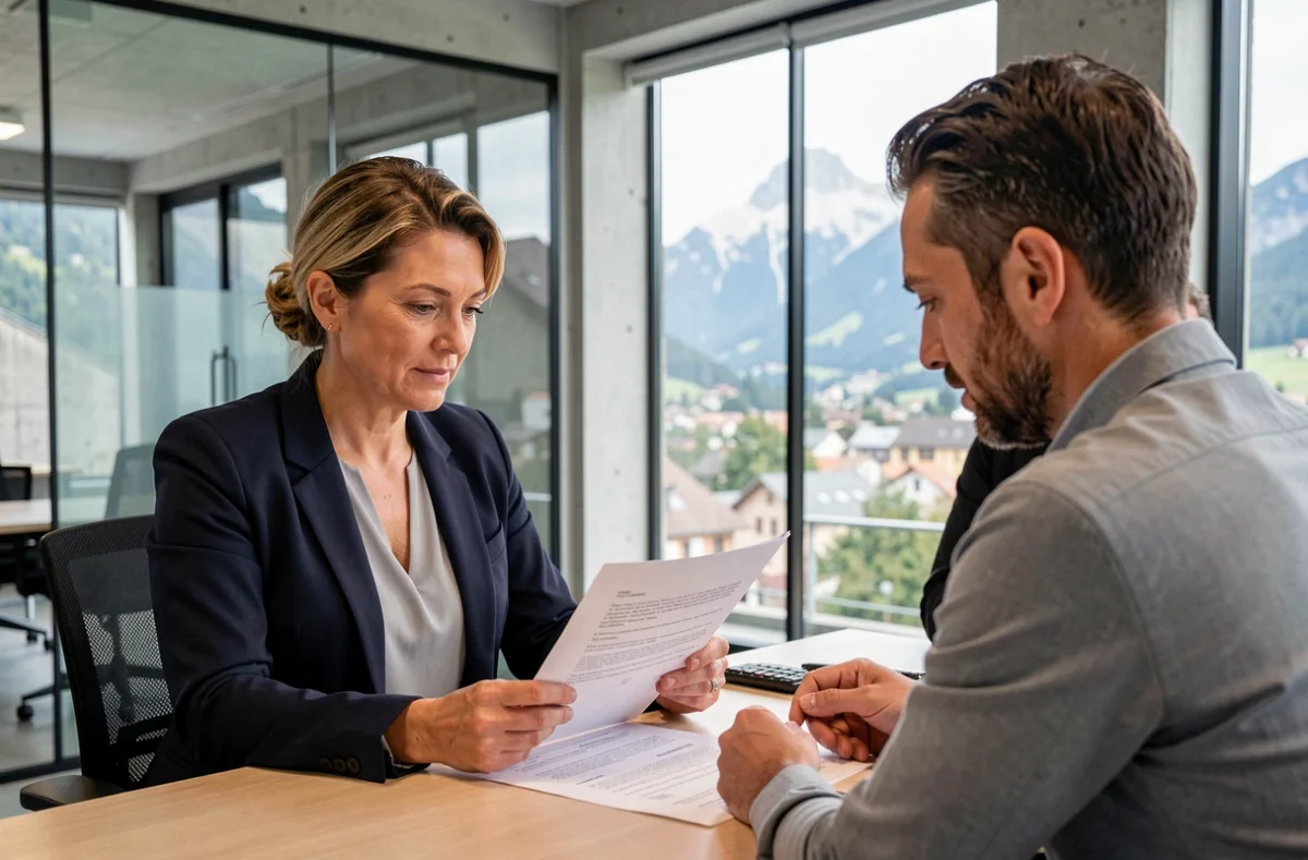 Consultante en portage salarial discutant d'un contrat avec un client dans un espace de coworking moderne à Grenoble