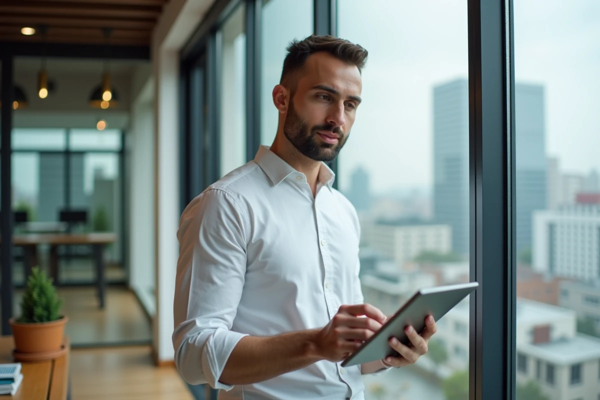 Consultant indépendant consultant son agenda numérique Agendis 22 sur tablette dans un espace de coworking contemporain