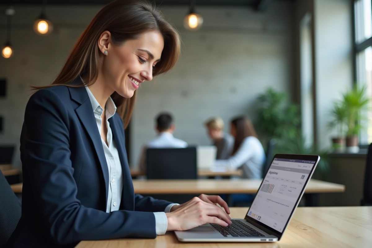 Consultante professionnelle utilisant le logiciel Agendis 22 sur son ordinateur portable dans un bureau moderne en 2026