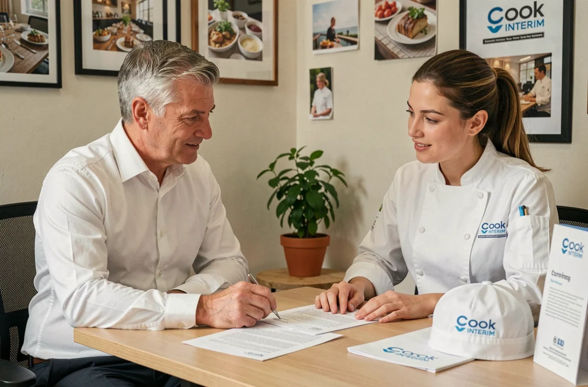 Spécialiste en recrutement de Cook Interim étudiant le CV d'une cheffe cuisinière dans un bureau aux accents culinaires