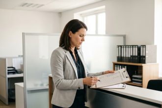 Coordinatrice de formation consultant une feuille de présence papier dans un centre de formation professionnel