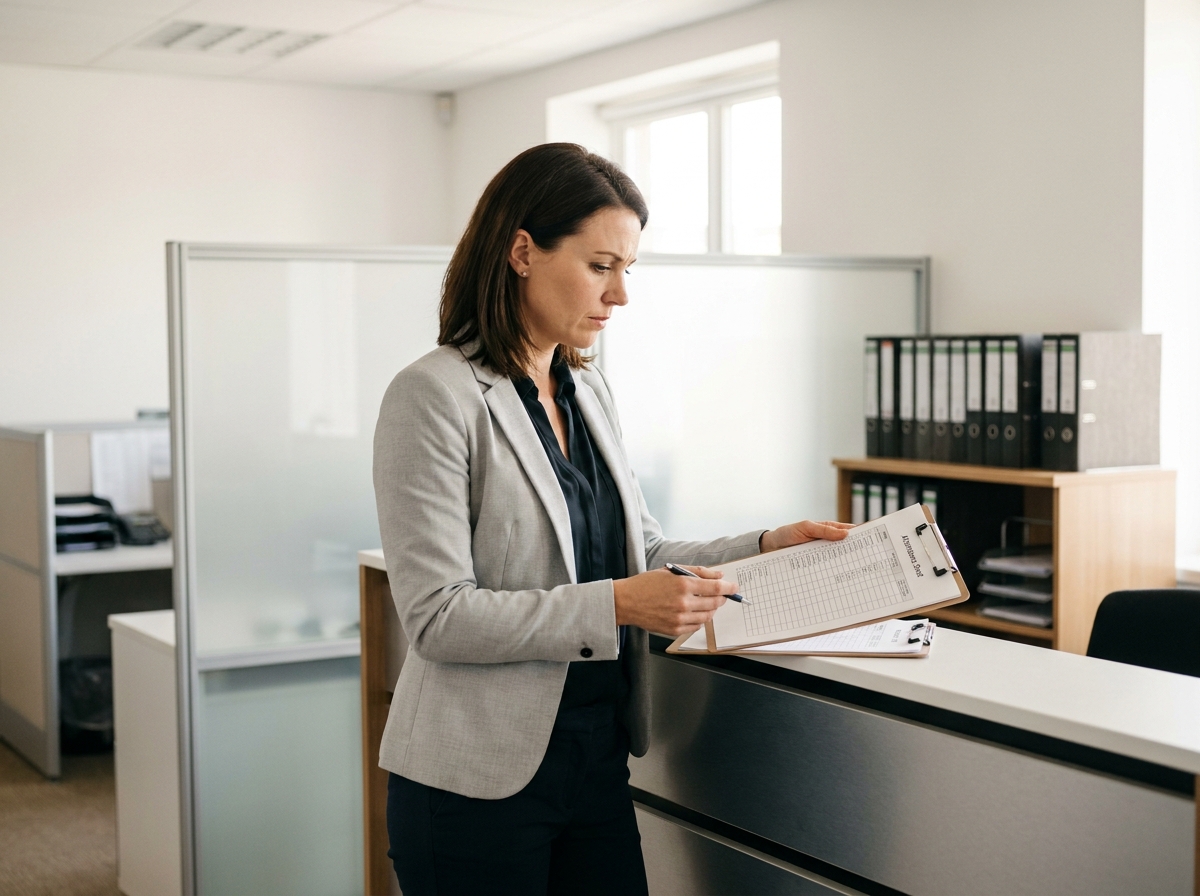 Coordinatrice de formation consultant une feuille de présence papier dans un centre de formation professionnel