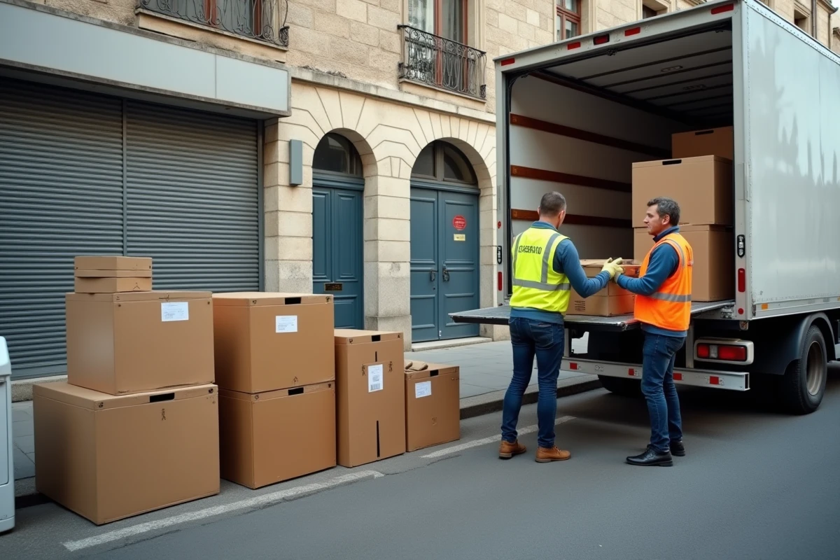 Équipe de débarras professionnel chargeant mobilier et équipements de bureau d'une PME dans un camion devant un immeuble commercial