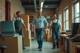 Chef d'entreprise d'une TPE supervisant un débarras professionnel de mobilier et matériel informatique dans des bureaux encombrés