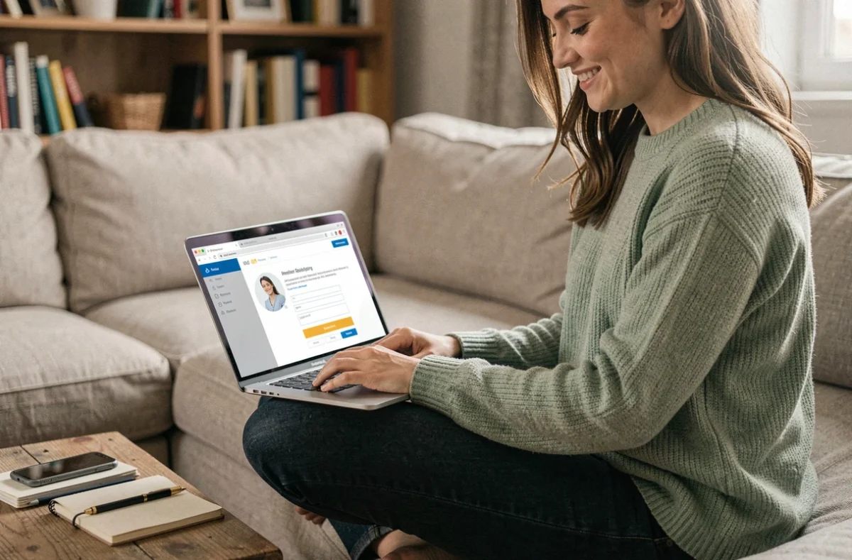 Jeune femme débutante configurant ClicRDV com pro pour la première fois sur son canapé
