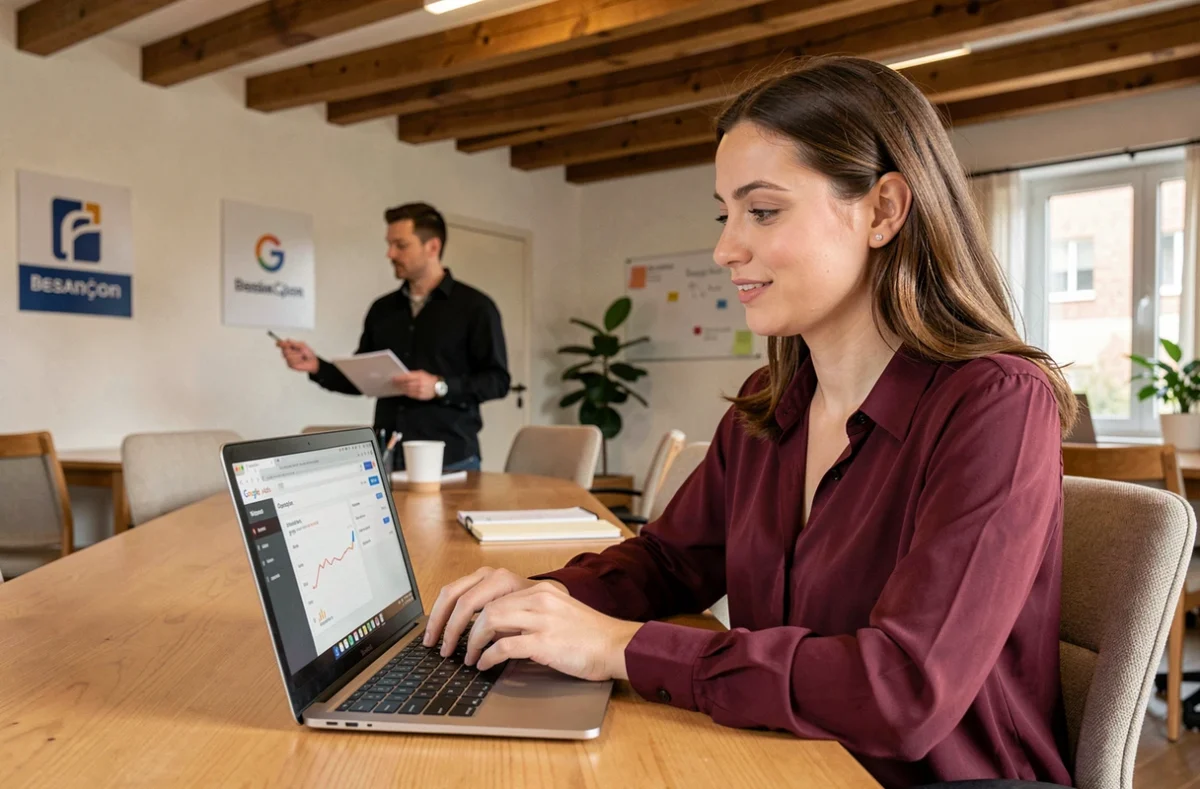 Chef de projet de Dedi Agency à Besançon examinant un rapport de campagne Google Ads en collaboration avec son équipe