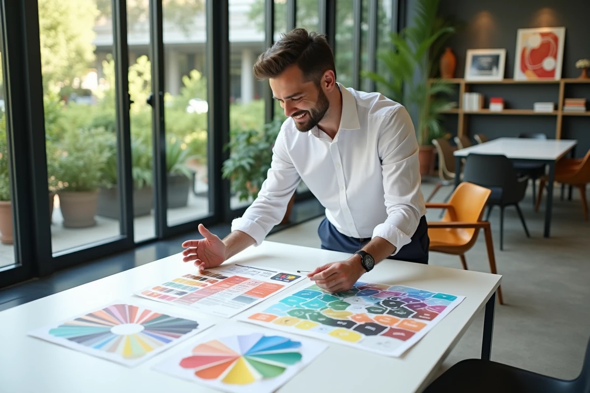Designer souriant expliquant ses idées en réunion