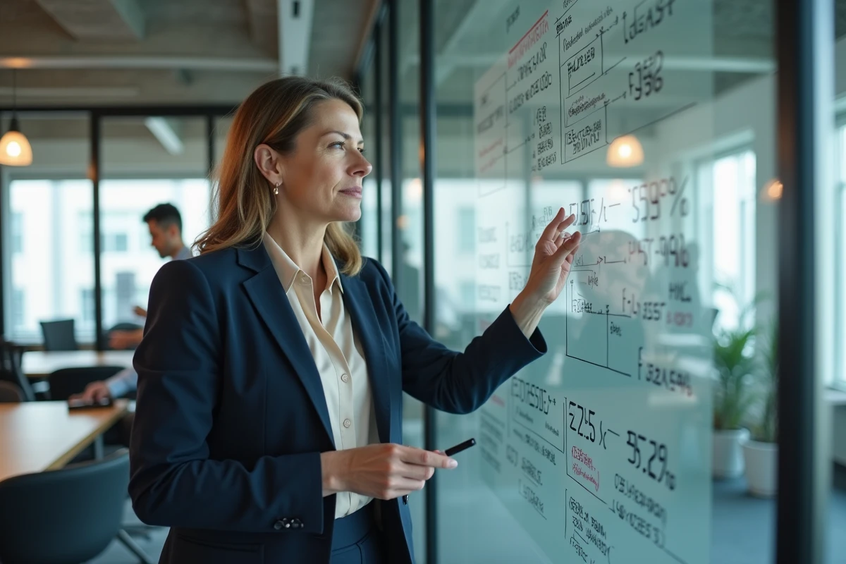 Directrice présentant des graphiques de rémunération variable et de bonus exécutifs sur un tableau blanc en entreprise