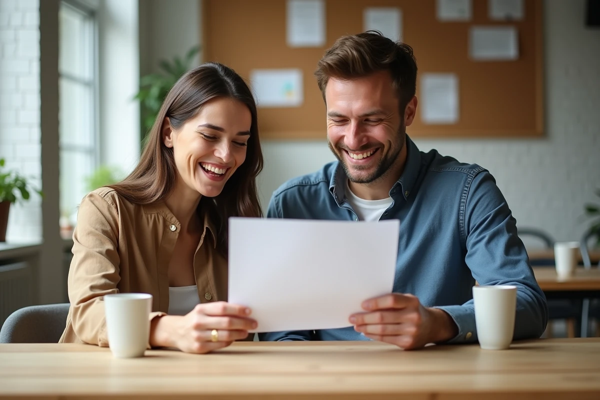 Deux collègues souriant en lisant un discours d'adieu dans la salle de pause d'un bureau moderne