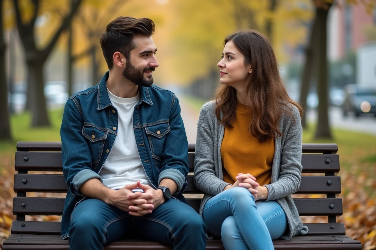 Jeune homme et femme discutant sur un banc dans un parc