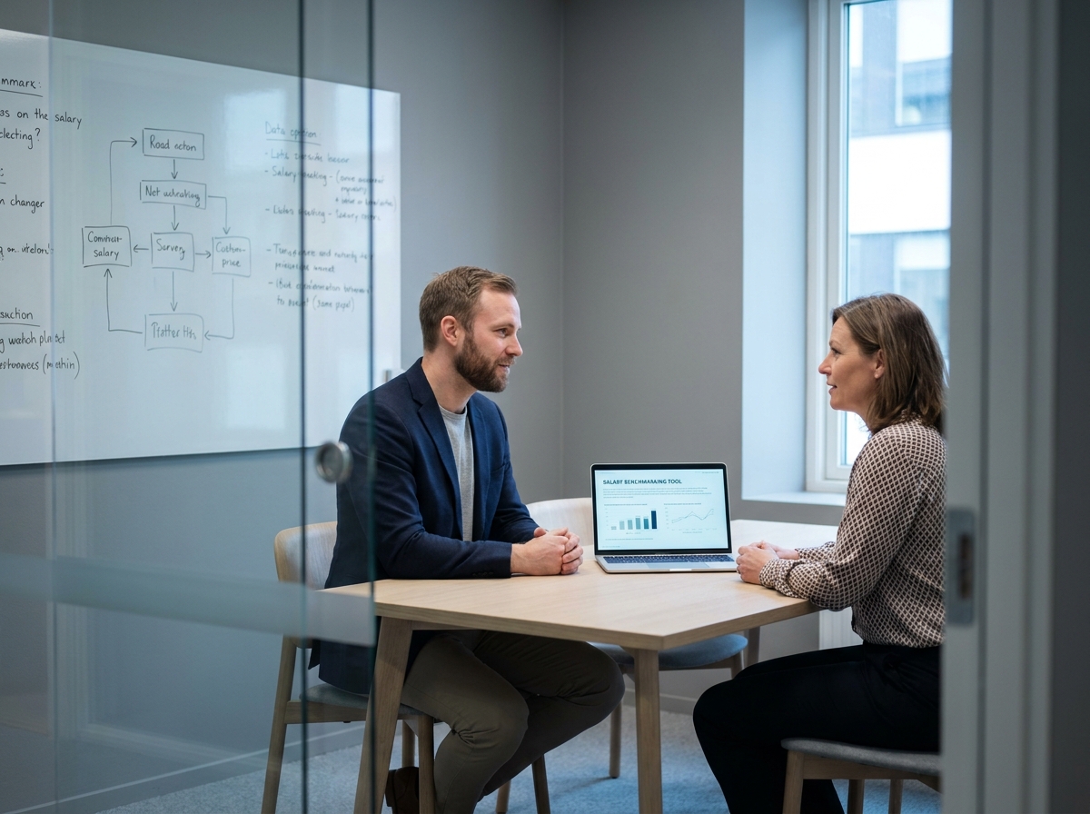 Deux collègues en discussion sur la rémunération et l'évolution de carrière autour d'un outil de benchmark salarial en réunion