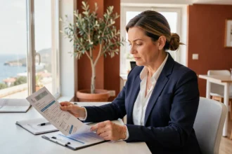 Femme d'affaires consultant des documents de domiciliation d'entreprise dans un espace de coworking à Antibes