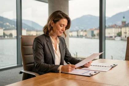 Femme d'affaires consultant des documents de domiciliation d'entreprise dans un bureau moderne à Genève avec vue sur le lac