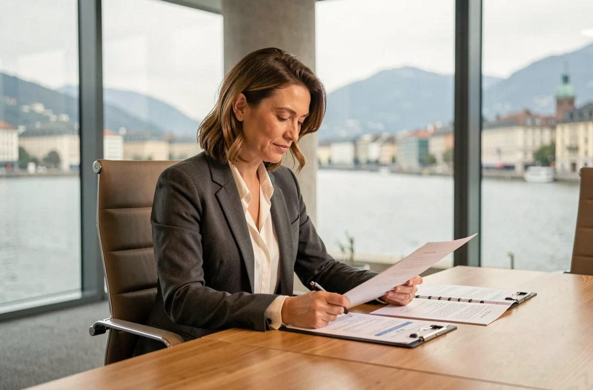 Femme d'affaires consultant des documents de domiciliation d'entreprise dans un bureau moderne à Genève avec vue sur le lac
