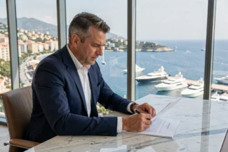 Dirigeant d'entreprise consultant des documents dans un bureau moderne à Monaco avec vue sur le port et la Méditerranée