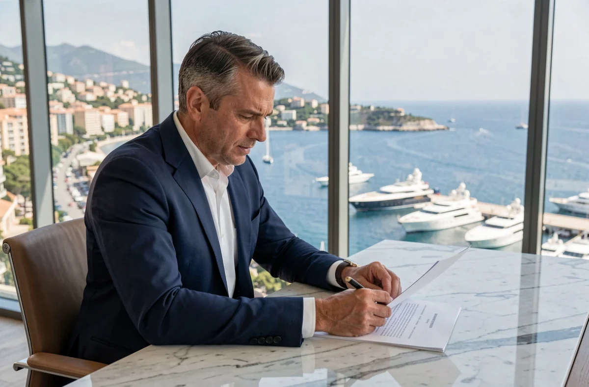 Dirigeant d'entreprise consultant des documents dans un bureau moderne à Monaco avec vue sur le port et la Méditerranée