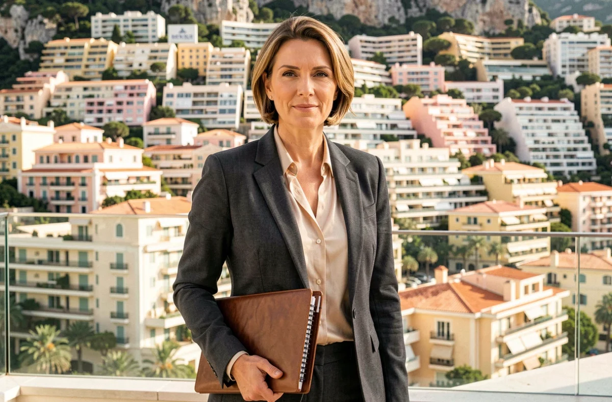 Femme d'affaires devant le skyline de Monaco tenant un portfolio lors d'une démarche de création d'entreprise