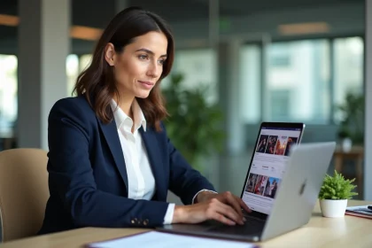 Élue du CSE utilisant une plateforme de billetterie en ligne sur son ordinateur portable dans un bureau moderne