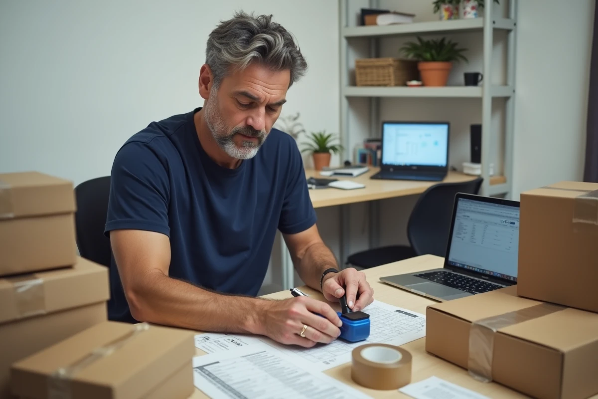 Homme réalisant des tâches d'emballage et d'étiquetage de colis depuis son bureau à domicile le week-end