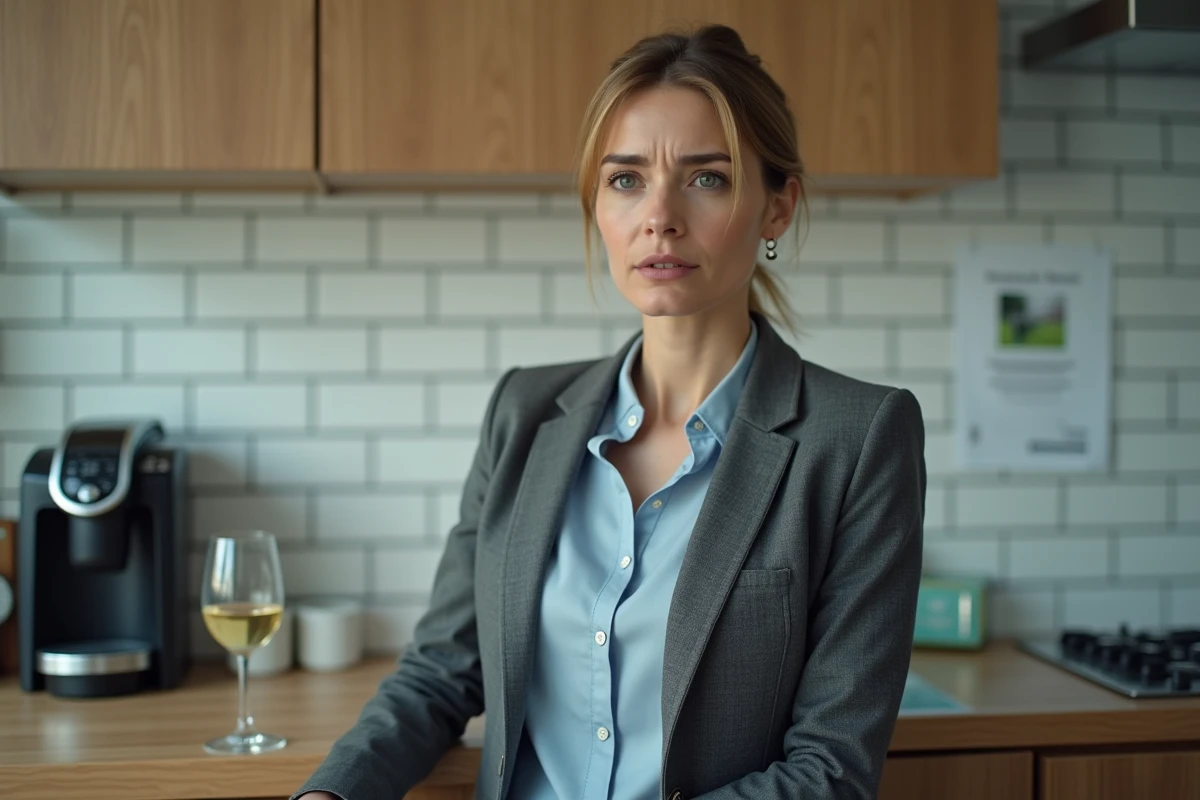 Employée face à une situation de consommation d'alcool dans une salle de pause en entreprise