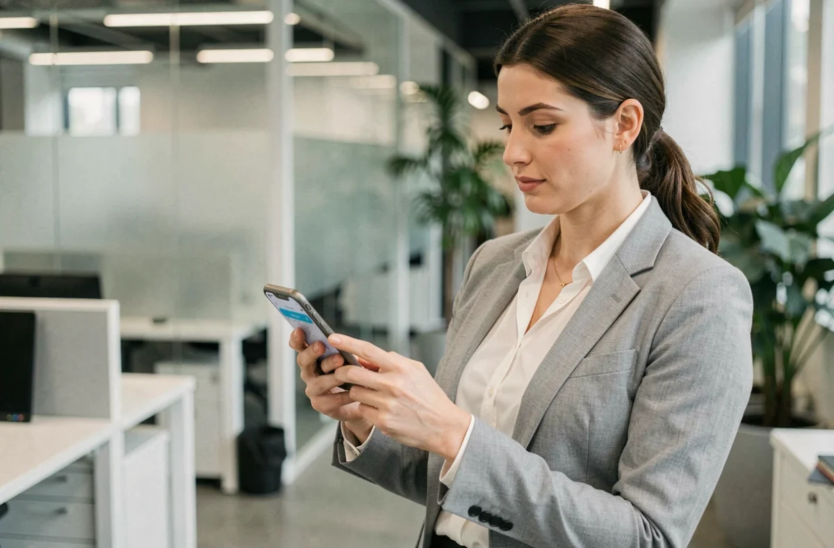Employée utilisant l'application mobile RH Octime sur son smartphone dans un bureau moderne