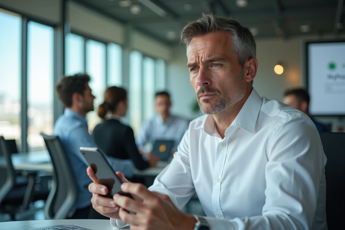 Employé de bureau consultant son smartphone pour résoudre un problème de connexion à MyPeopleDoc
