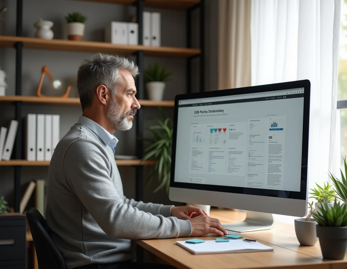 Entrepreneur consultant un annuaire de partenaires B2B en ligne depuis son bureau à domicile