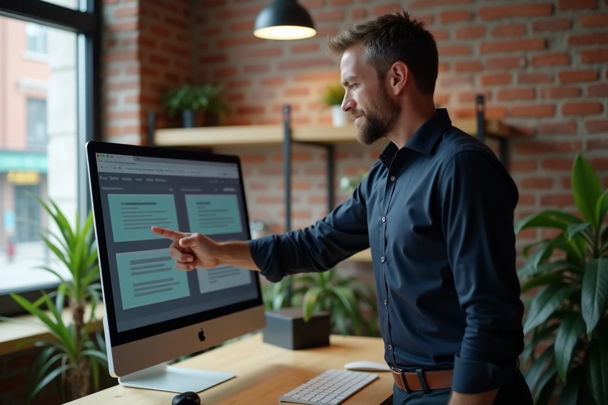 Entrepreneur analysant les options de création de site web sur un écran d'ordinateur dans un bureau moderne, choisissant entre une plateforme spécialisée et un site vitrine traditionnel