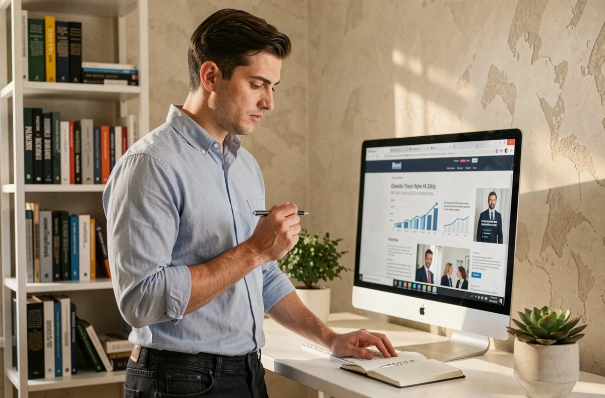Jeune entrepreneur consultant un service d'experts en ligne depuis son bureau à domicile pour obtenir des conseils professionnels pour sa création d'entreprise