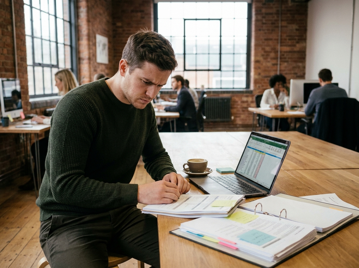Jeune entrepreneur dans un espace de coworking à Levallois face à ses obligations comptables et financières