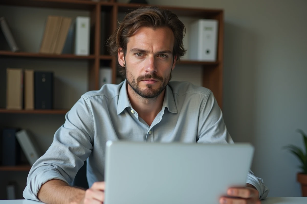 Entrepreneur consultant l'extrait Kbis Urssaf en ligne depuis son bureau à domicile