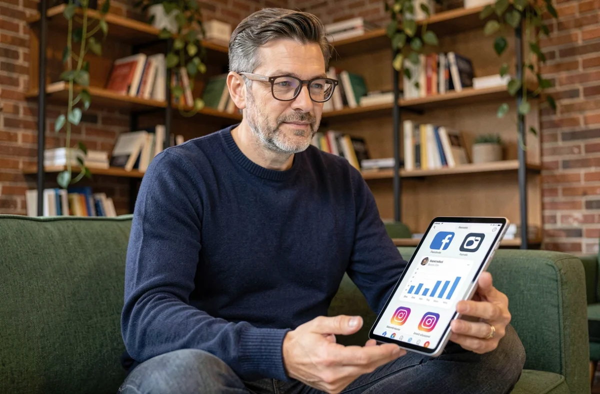 Entrepreneur consultant comparant les performances publicitaires sur les réseaux sociaux depuis une tablette dans un espace de coworking