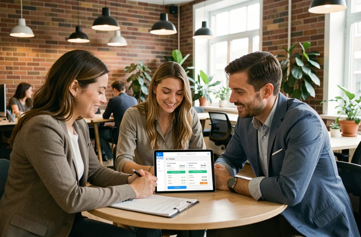 Équipe d'une agence digitale discutant ensemble des offres tarifaires d'outils IA autour d'une tablette en espace de coworking