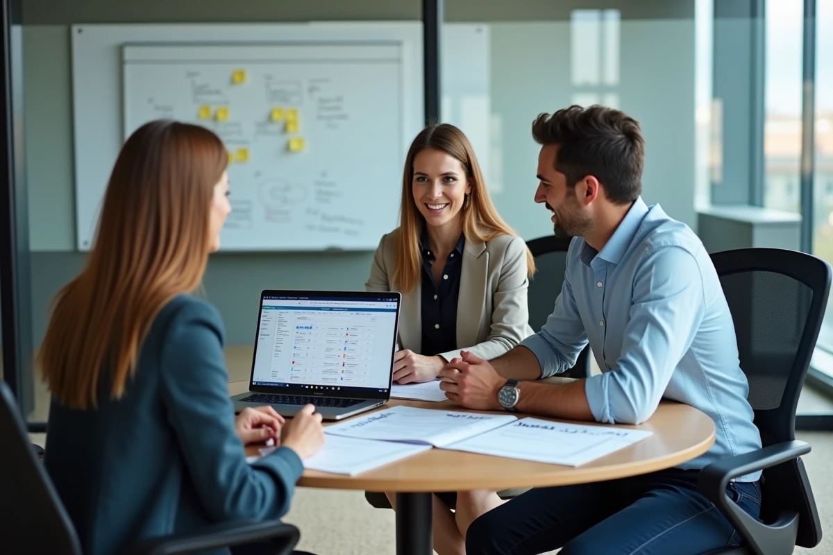 Équipe de consultants discutant de la gestion des plannings avec le logiciel Agendis 22 lors d'une réunion professionnelle
