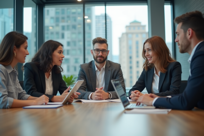 Groupe de professionnels discutant stratégies de campagne