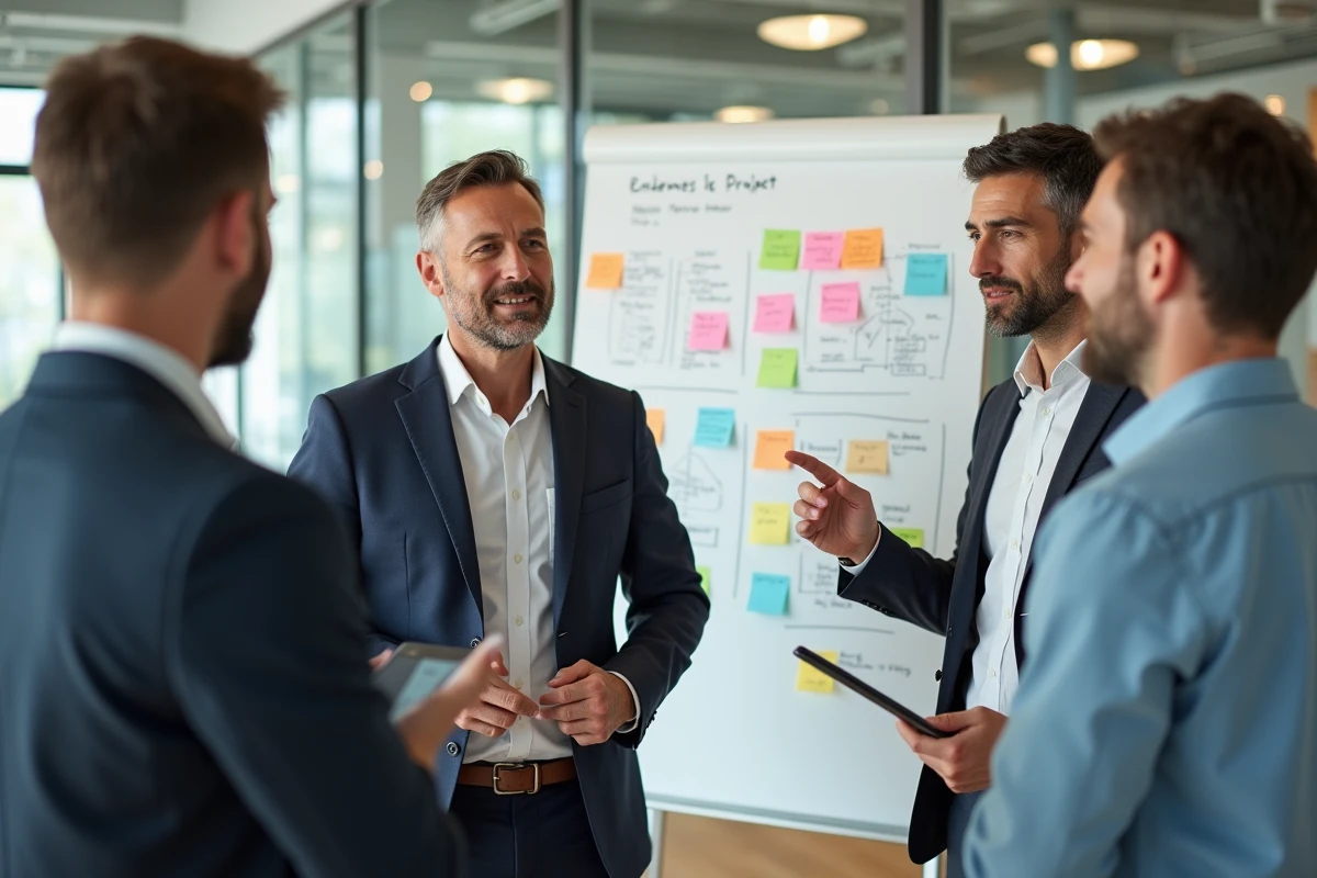 Groupe de trois professionnels discutant autour d