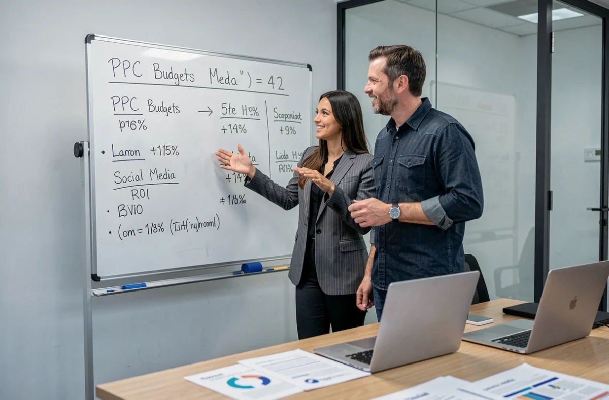 Équipe marketing en réunion comparant les budgets publicitaires entre annonces pay-per-click et campagnes sur les réseaux sociaux