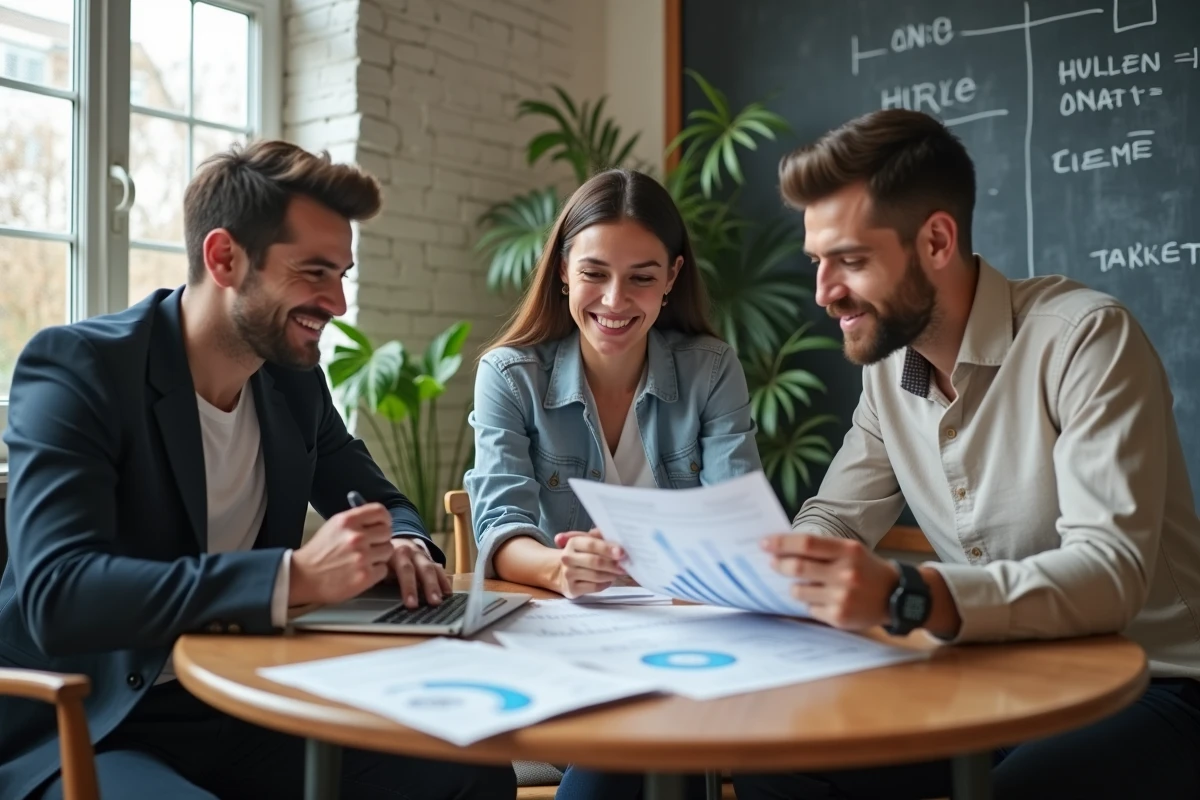 Équipe marketing dans un bureau parisien style startup discutant autour de rapports data imprimés et d'un ordinateur affichant des analyses de performance