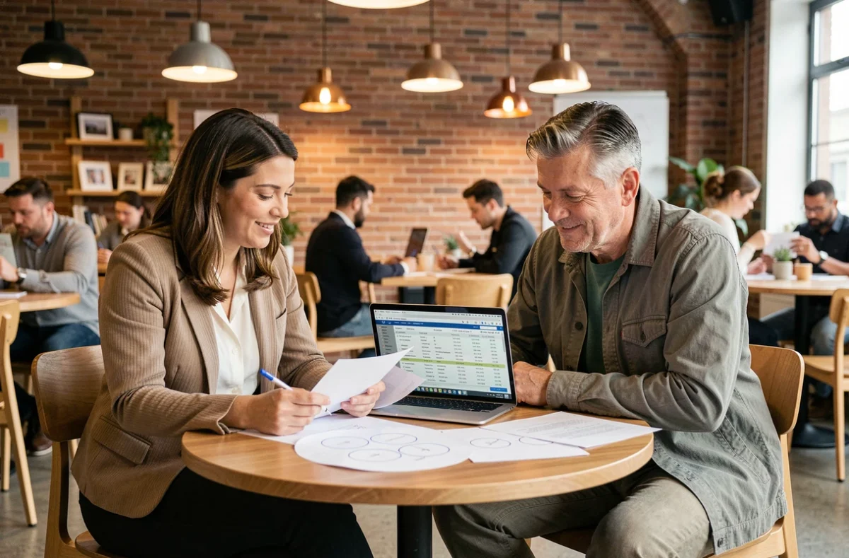 Deux professionnels du marketing discutant de l'externalisation de l'impression de circulaires pour leur campagne 2026 autour d'un ordinateur portable dans un espace de coworking