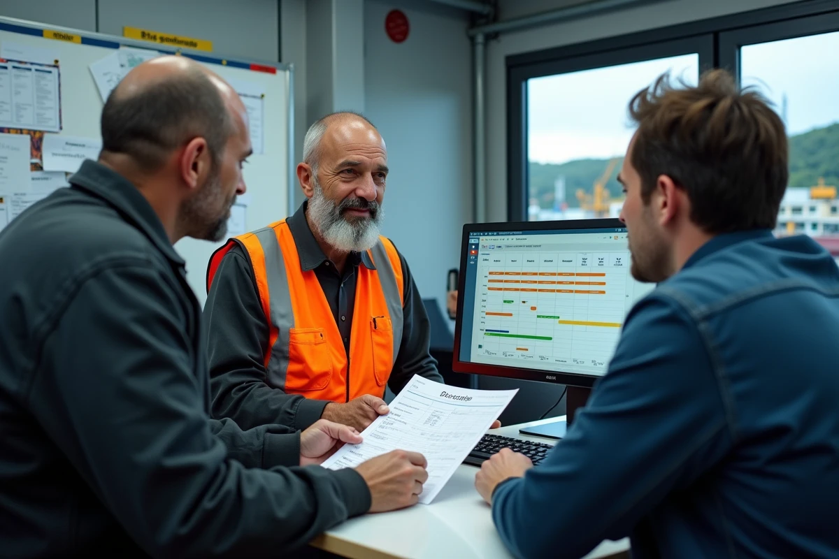 Équipe de travailleurs portuaires consultant ensemble un planning de congés numérique et imprimé dans une salle d'opérations du port de Marseille