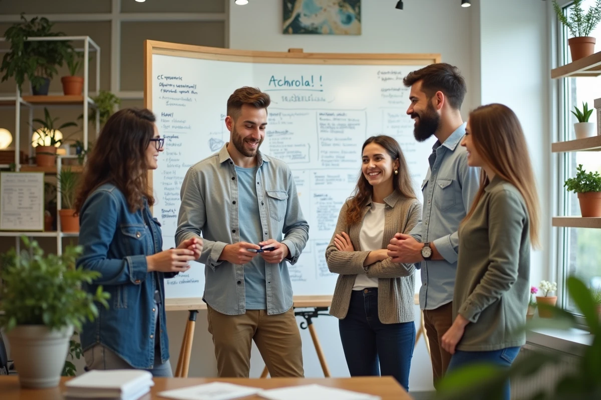 Équipe de jeunes professionnels collaborant sur un projet à impact social et environnemental dans un bureau éco-responsable
