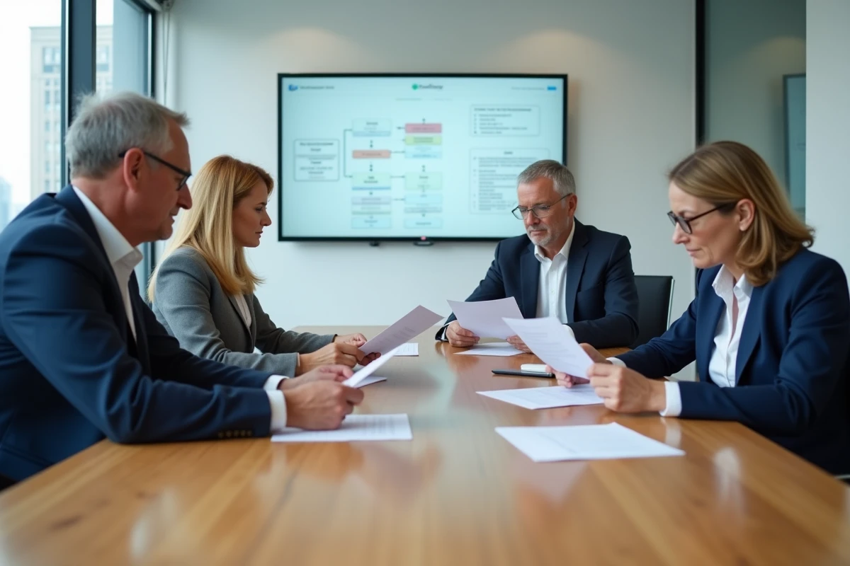 Équipe de collaborateurs en réunion discutant d'une note de service annonçant une réorganisation interne