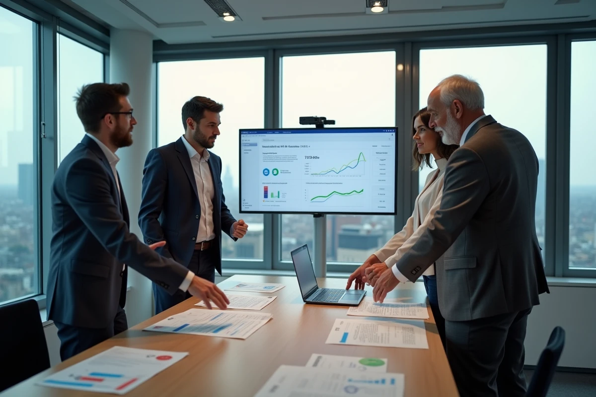 Équipe de direction des ressources humaines discutant du retour sur investissement d'une solution SIRH SaaS lors d'une réunion