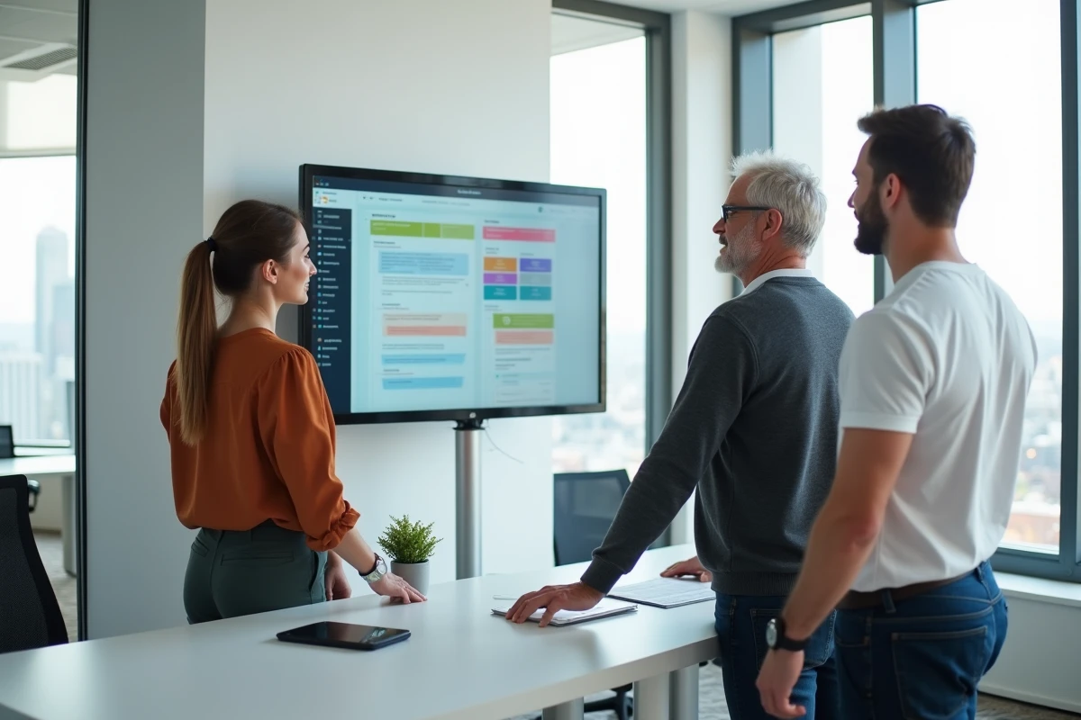 Équipe pluridisciplinaire devant un tableau Kanban numérique dans un bureau de startup pour le suivi de projet collaboratif