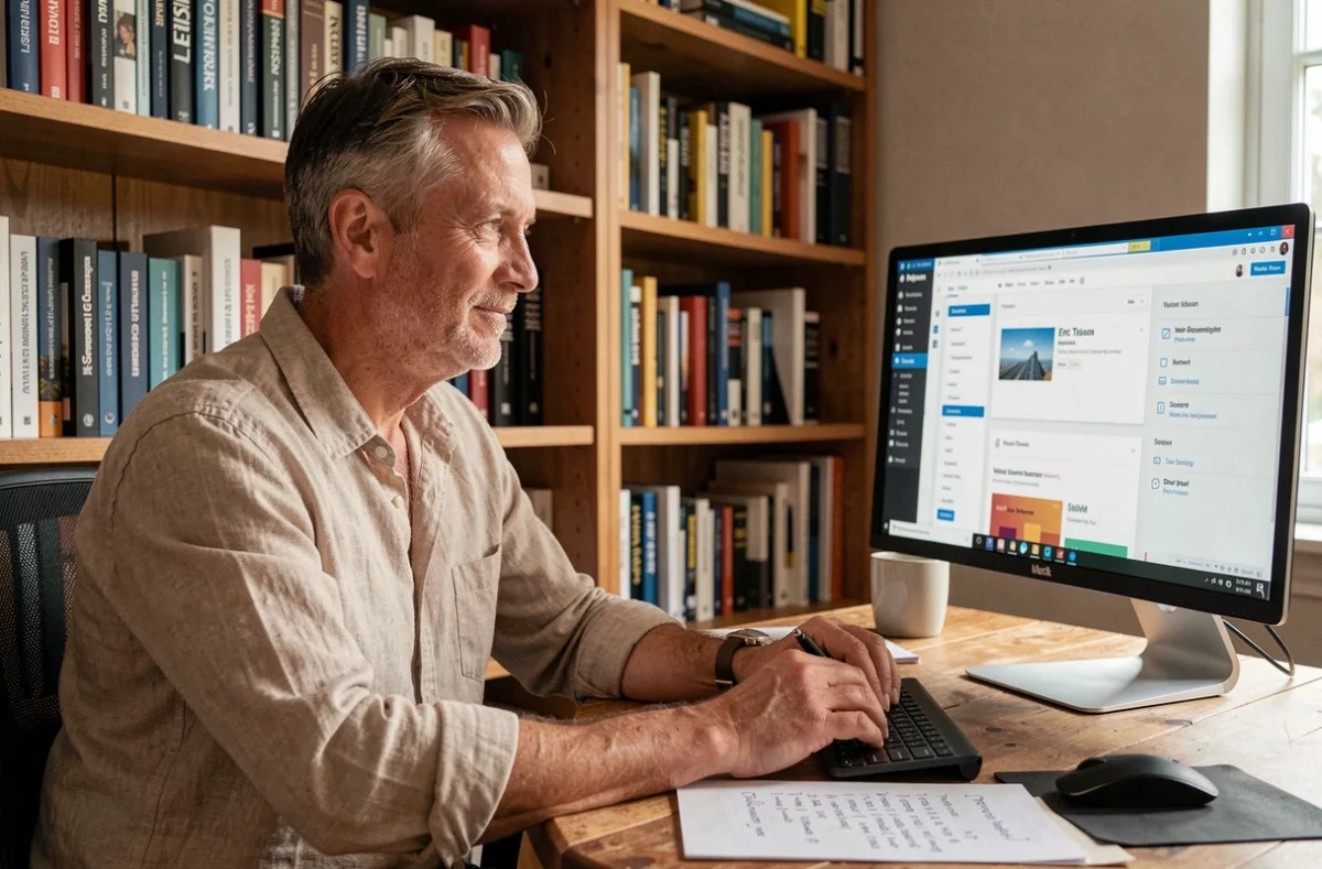 Webmaster freelance Eric Tison travaillant seul à son bureau à domicile avec des livres SEO et un tableau de bord WordPress