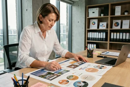 Responsable marketing analysant des circulaires imprimés sur une table de réunion dans un bureau moderne, pour décider d'externaliser l'impression de la campagne 2026
