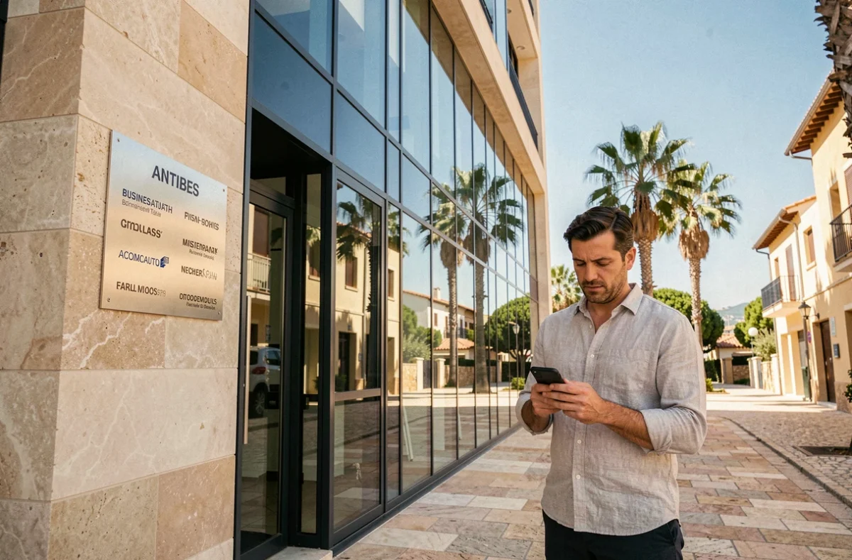 Façade d'un centre de domiciliation d'entreprise à Antibes avec plaque d'adresse professionnelle