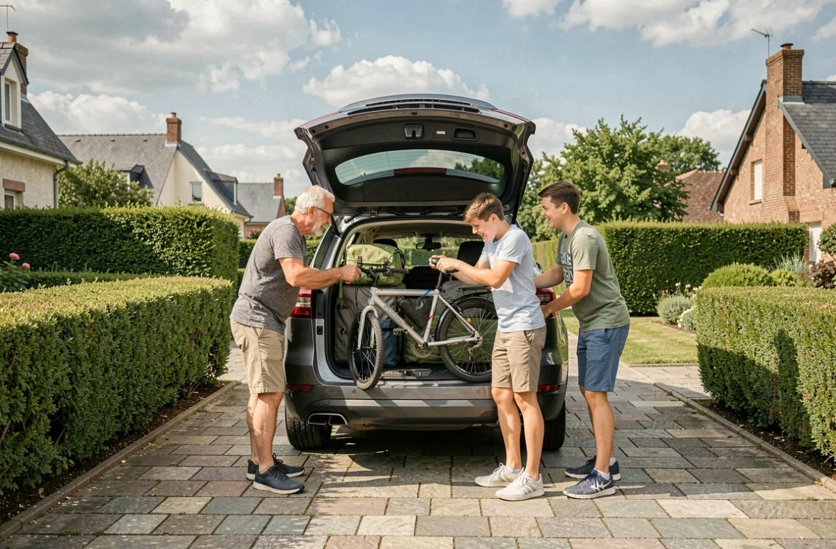 Famille chargeant du matériel de vacances loué via le CE Loxam dans un SUV avant un départ en voyage
