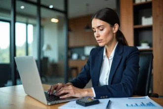 Femme d'affaires analysant des données sur un ordinateur portable